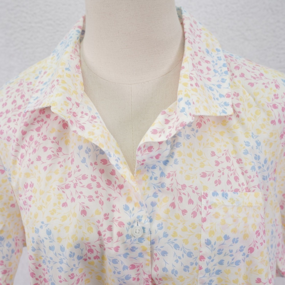 Karen Scott Button Up Shirt Top White Pik Teal Yellow Floral Large Collared Cott - Picture 2 of 8